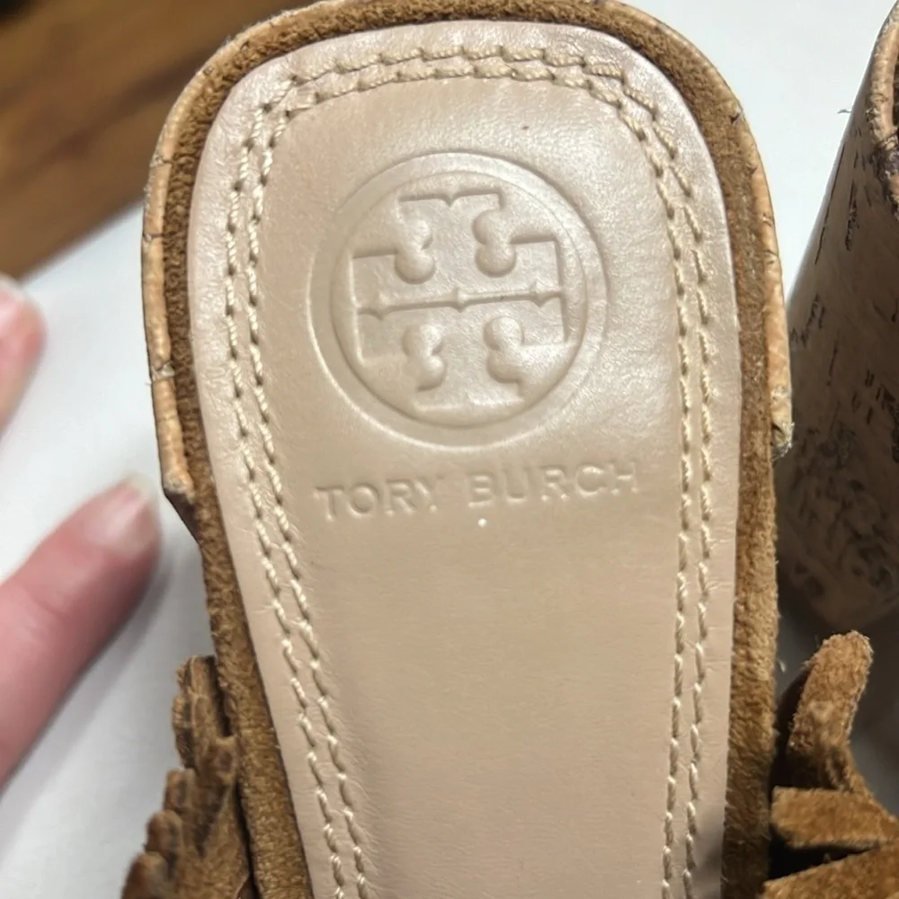Tory Burch Huntington Sandals Womens 6 Brown Fringed Suede Cork Block Heel